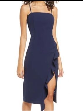 Bardot Carmella Navy Square-Neck Midi Dress with Ruffle Skirt
